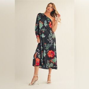054 JODIFL Black Floral One-Shoulder Dress